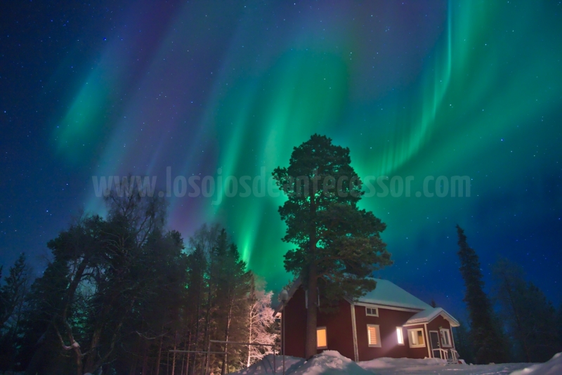 Aurora boreal desde un laboratorio de investigacion en el lago Pallasjarvi de Finlandia